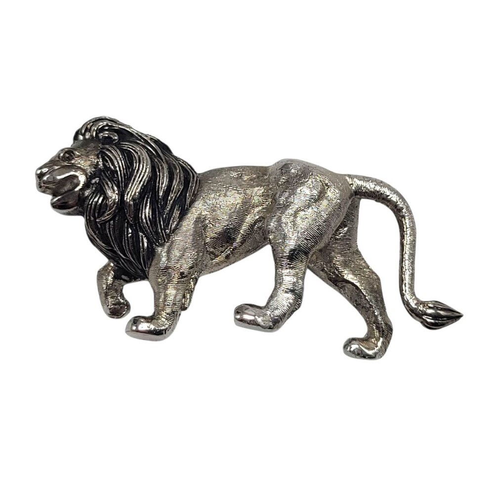 Vtg Signed Polcini Lion Brooch Pin Silver-Tone Figural Animal Leo Jungle King